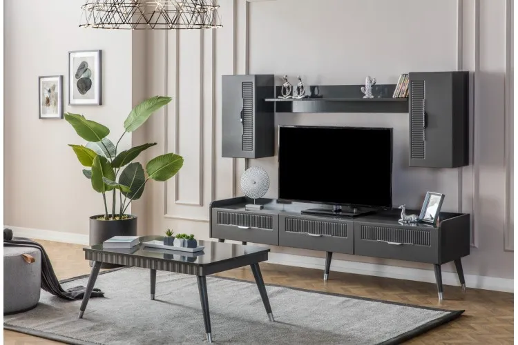 Tesla Tv Ünitesi (Alt Blok +Üst Blok (2)+Raf) (Antrasit Gri)